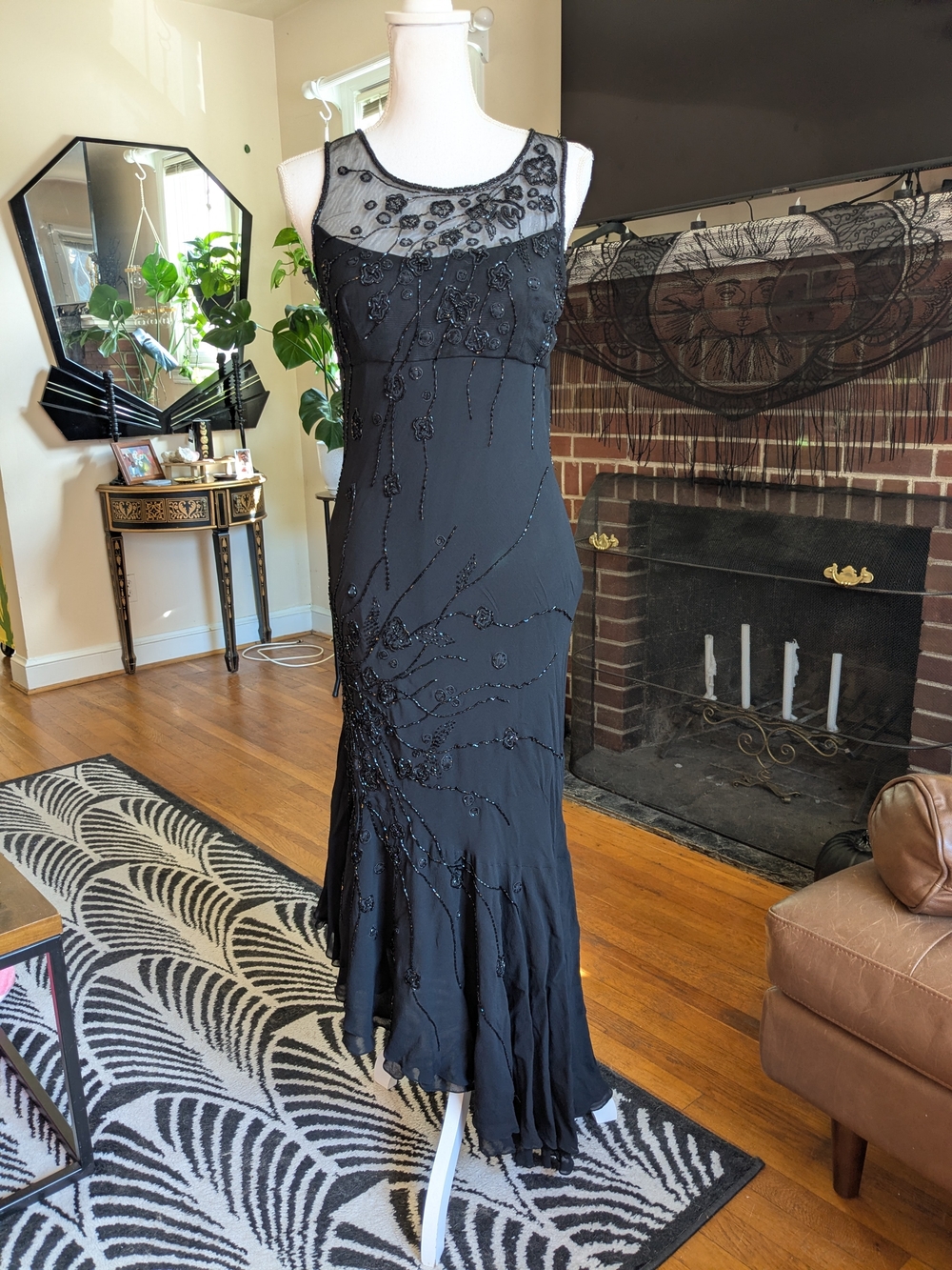 1990s Sue Wong Nocturne Bias Cut Black Silk Hand Beaded Evening Dress